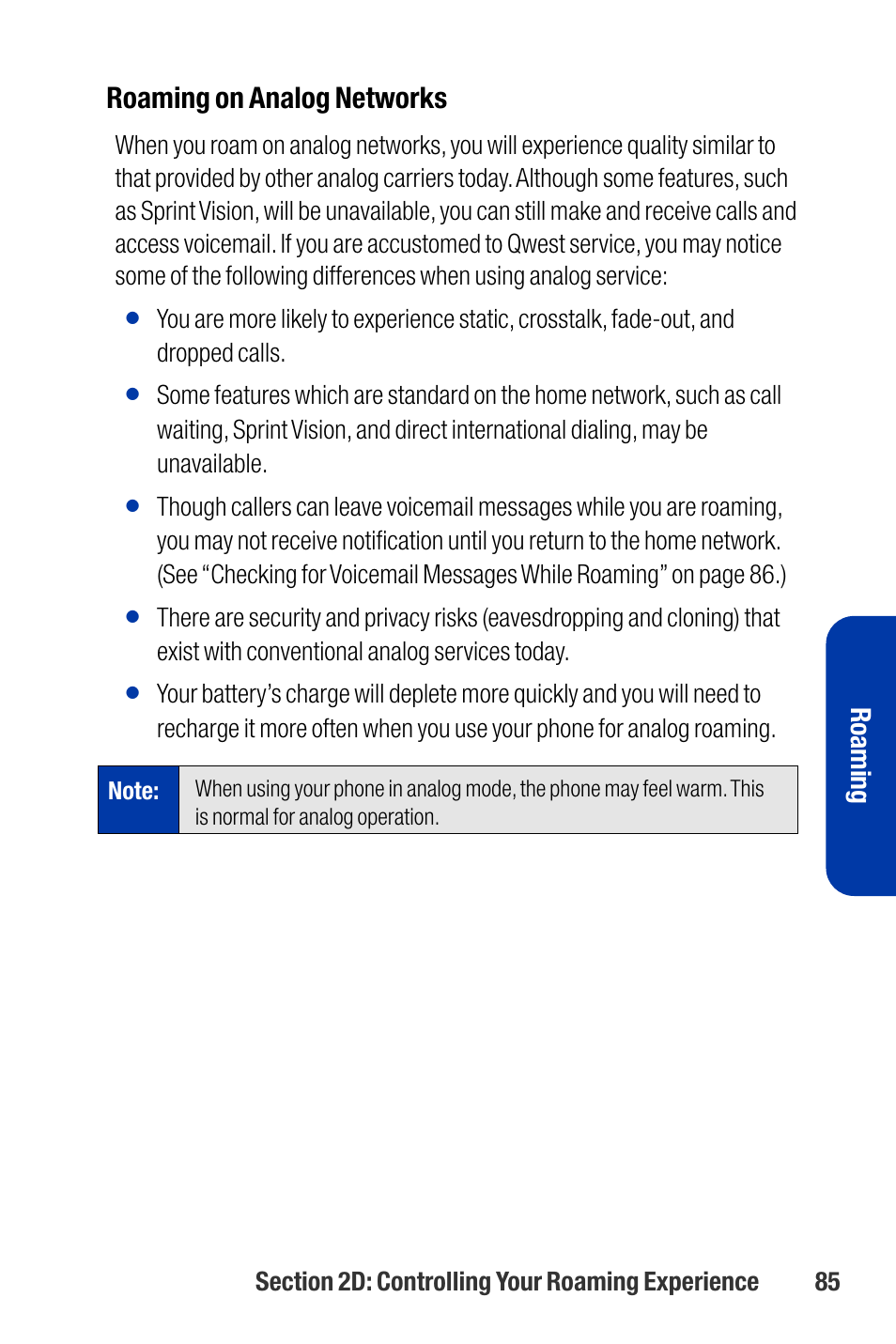 Roaming on analog networks, Roaming | Qwest SCP-3200 User Manual | Page 101 / 241