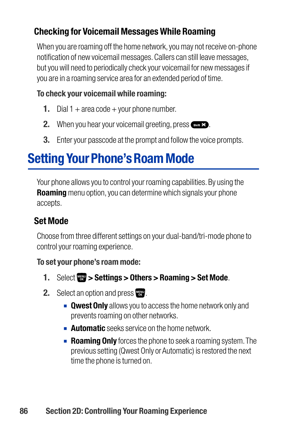 Setting your phone’s roam mode | Qwest SCP-3200 User Manual | Page 102 / 241