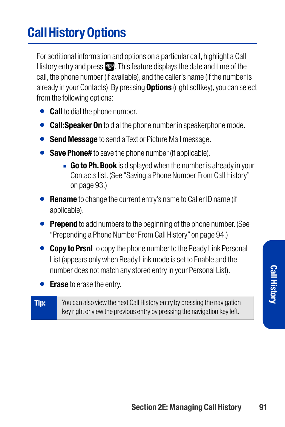 Call history options, Call histor y | Qwest SCP-3200 User Manual | Page 107 / 241