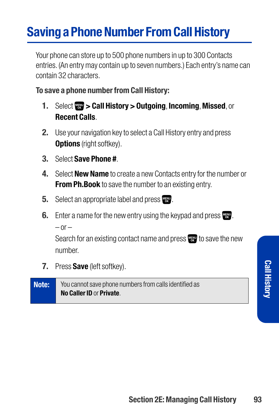 Saving a phone number from call history | Qwest SCP-3200 User Manual | Page 109 / 241