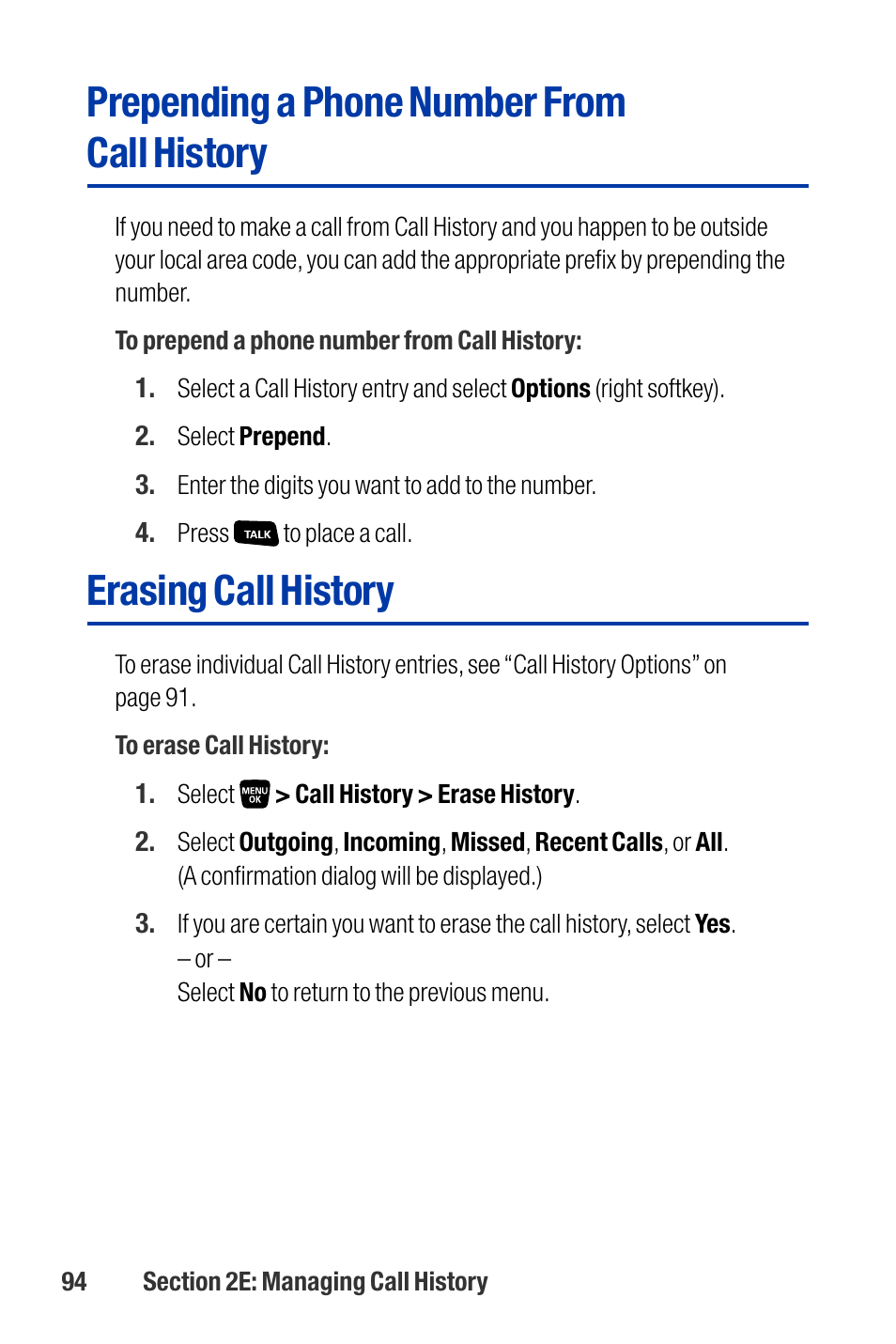 Prepending a phone number from call history, Erasing call history | Qwest SCP-3200 User Manual | Page 110 / 241