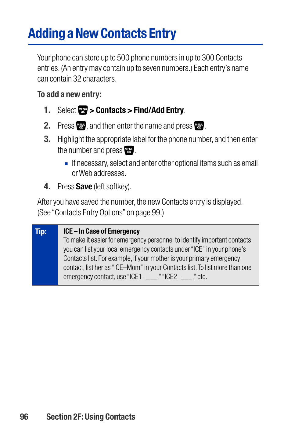 Adding a new contacts entry | Qwest SCP-3200 User Manual | Page 112 / 241