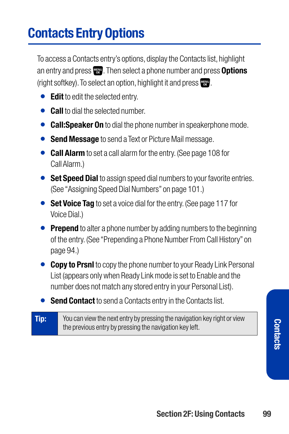 Contacts entry options, Contacts | Qwest SCP-3200 User Manual | Page 115 / 241