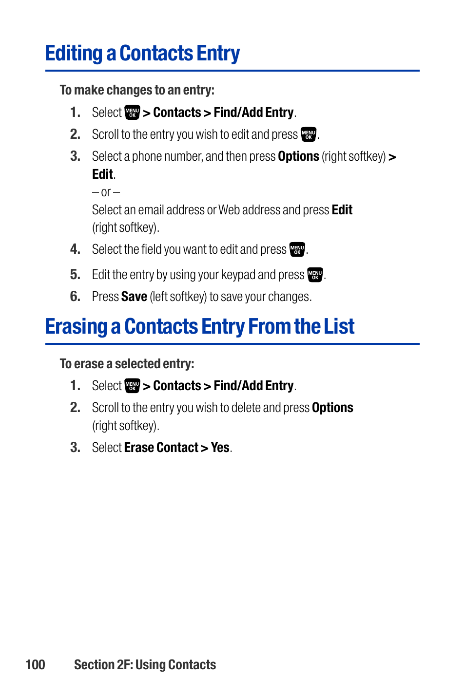 Editing a contacts entry, Erasing a contacts entry from the list | Qwest SCP-3200 User Manual | Page 116 / 241