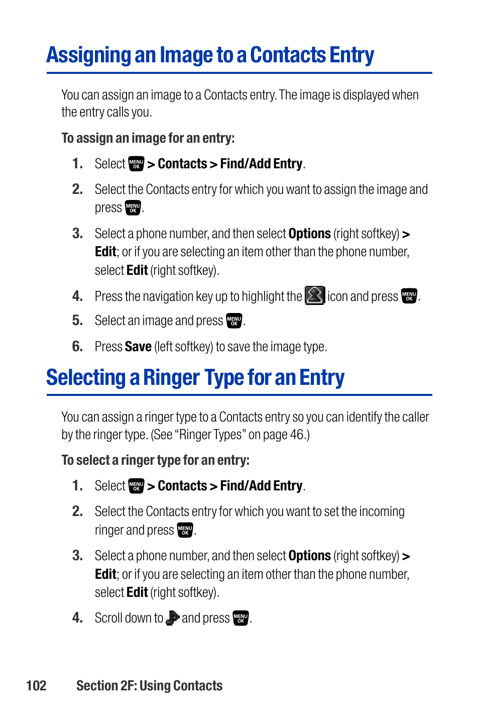 Assigning an image to a contacts entry, Selecting a ringer type for an entry | Qwest SCP-3200 User Manual | Page 118 / 241