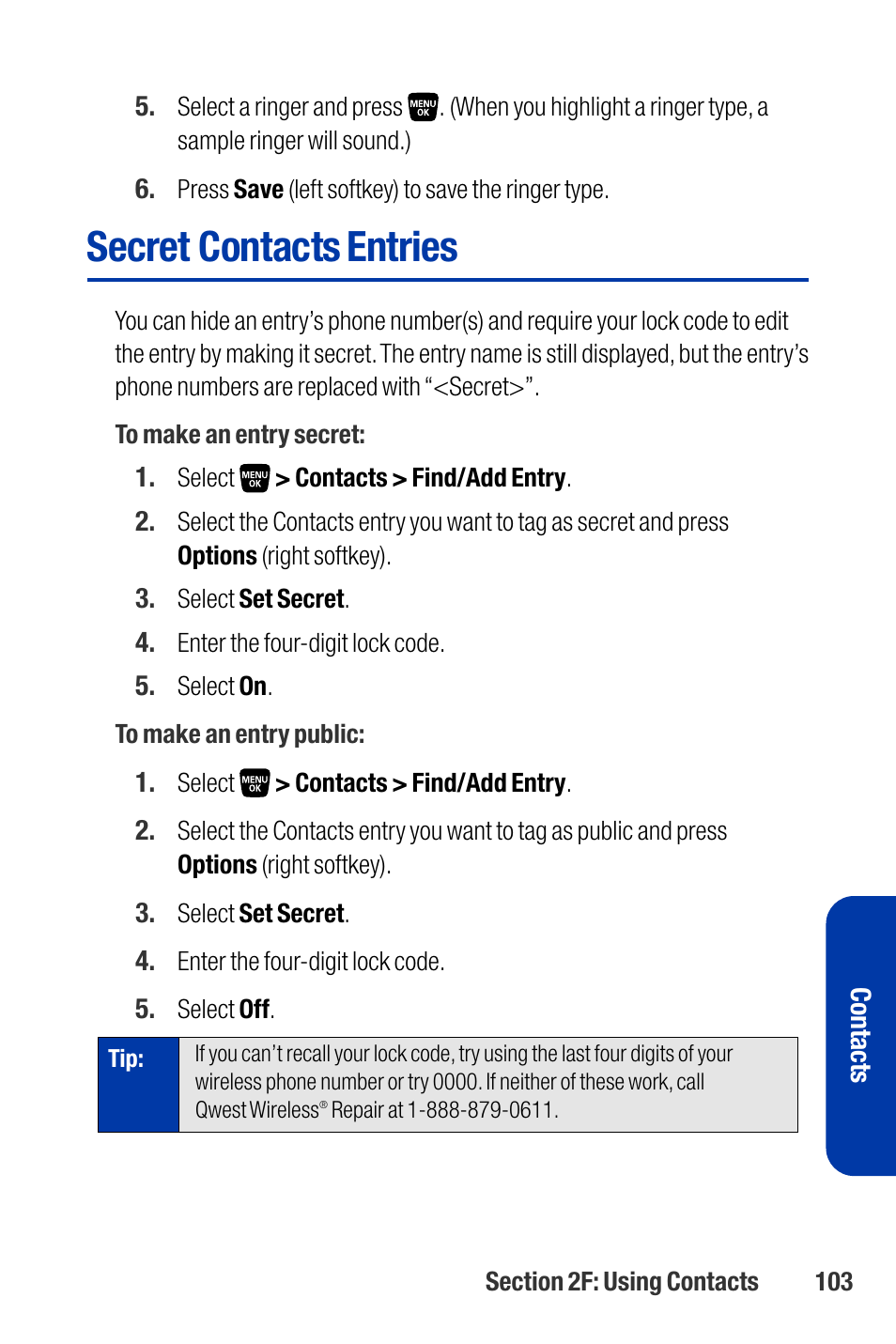 Secret contacts entries | Qwest SCP-3200 User Manual | Page 119 / 241