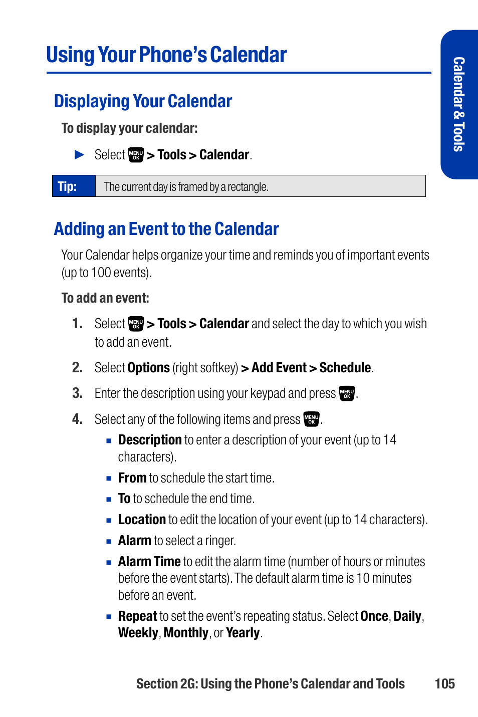Using your phone’s calendar, Displaying your calendar, Adding an event to the calendar | Qwest SCP-3200 User Manual | Page 121 / 241