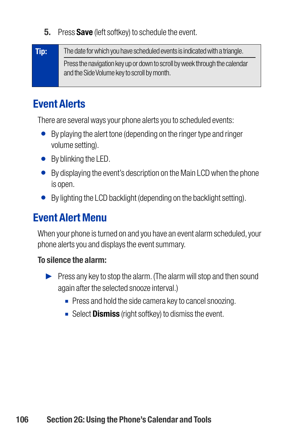 Event alerts, Event alert menu | Qwest SCP-3200 User Manual | Page 122 / 241