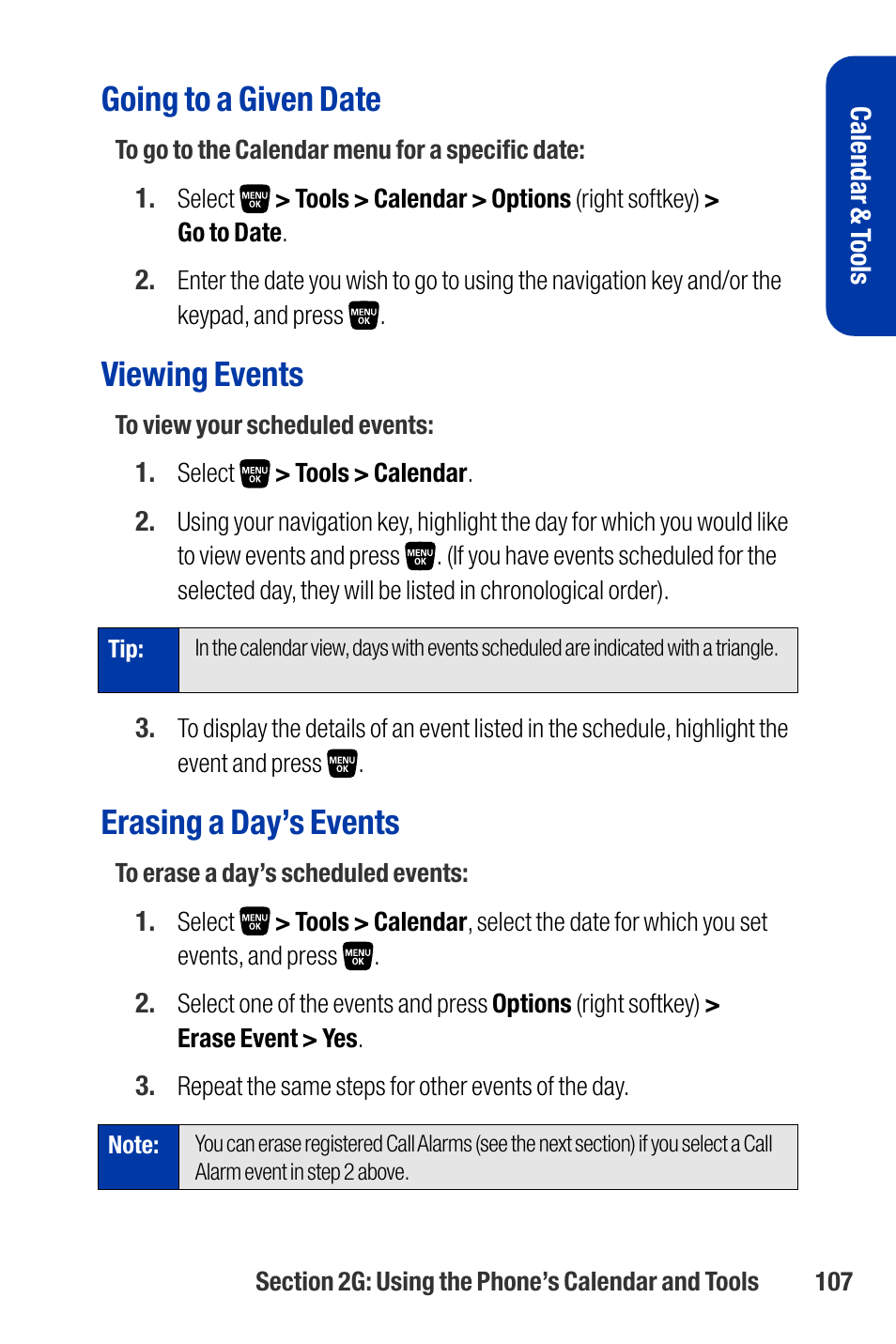Going to a given date, Viewing events, Erasing a day’s events | Qwest SCP-3200 User Manual | Page 123 / 241