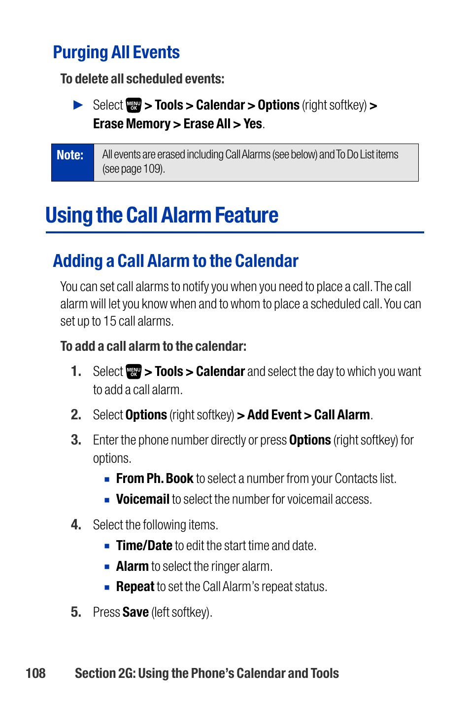 Using the call alarm feature, Purging all events, Adding a call alarm to the calendar | Qwest SCP-3200 User Manual | Page 124 / 241