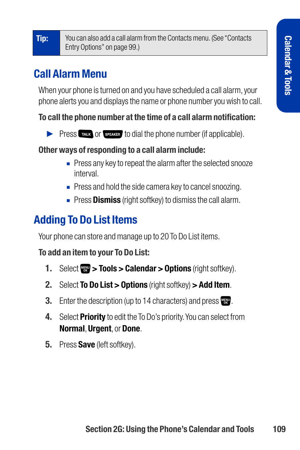 Call alarm menu, Adding to do list items | Qwest SCP-3200 User Manual | Page 125 / 241