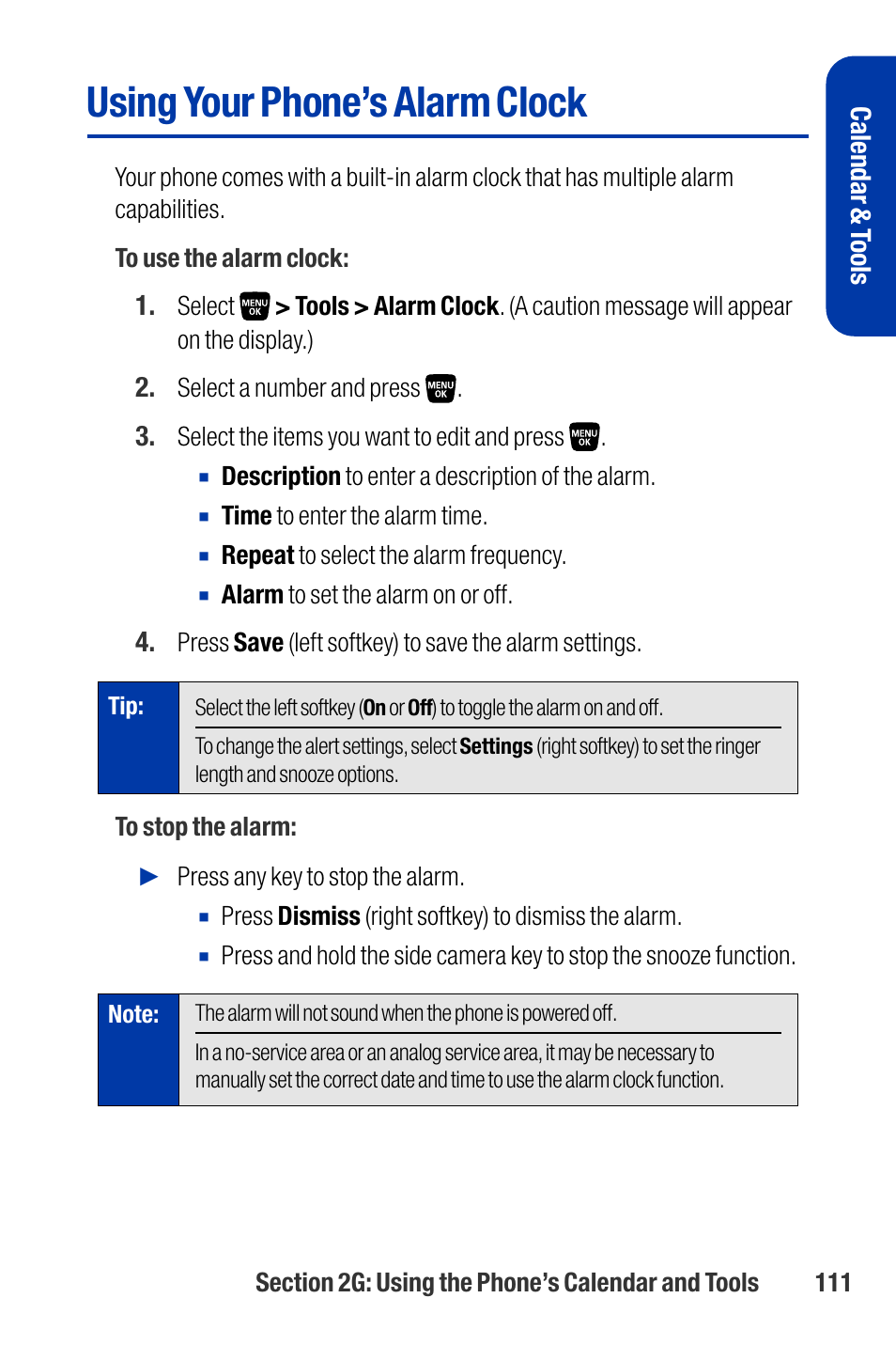 Using your phone’s alarm clock, Calendar & t ools | Qwest SCP-3200 User Manual | Page 127 / 241