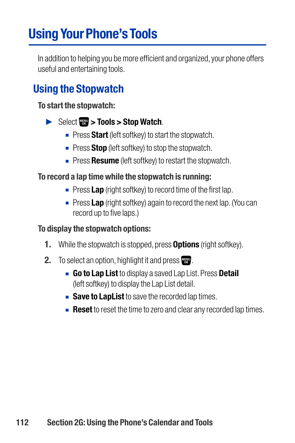 Using your phone’s tools, Using the stopwatch | Qwest SCP-3200 User Manual | Page 128 / 241