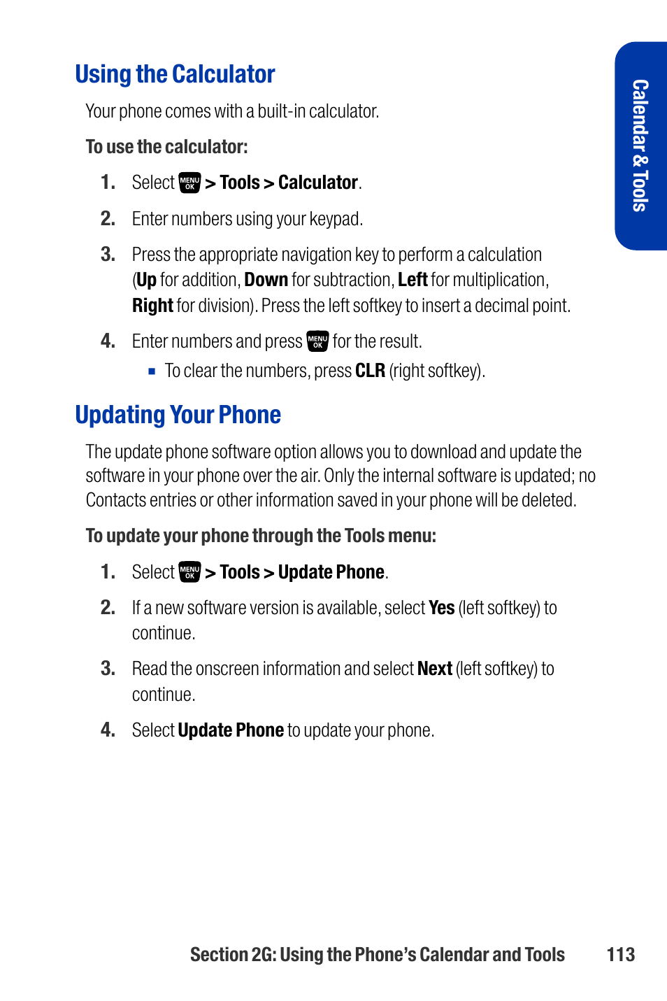 Using the calculator, Updating your phone | Qwest SCP-3200 User Manual | Page 129 / 241