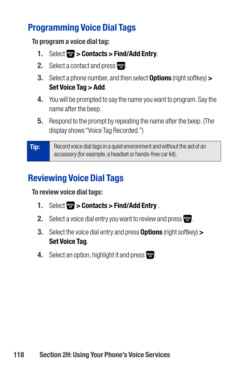 Programming voice dial tags, Reviewing voice dial tags | Qwest SCP-3200 User Manual | Page 134 / 241