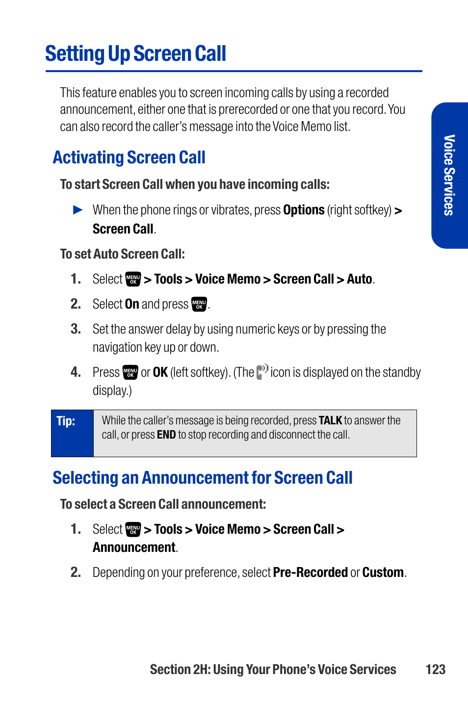 Setting up screen call, Activating screen call, Selecting an announcement for screen call | Qwest SCP-3200 User Manual | Page 139 / 241