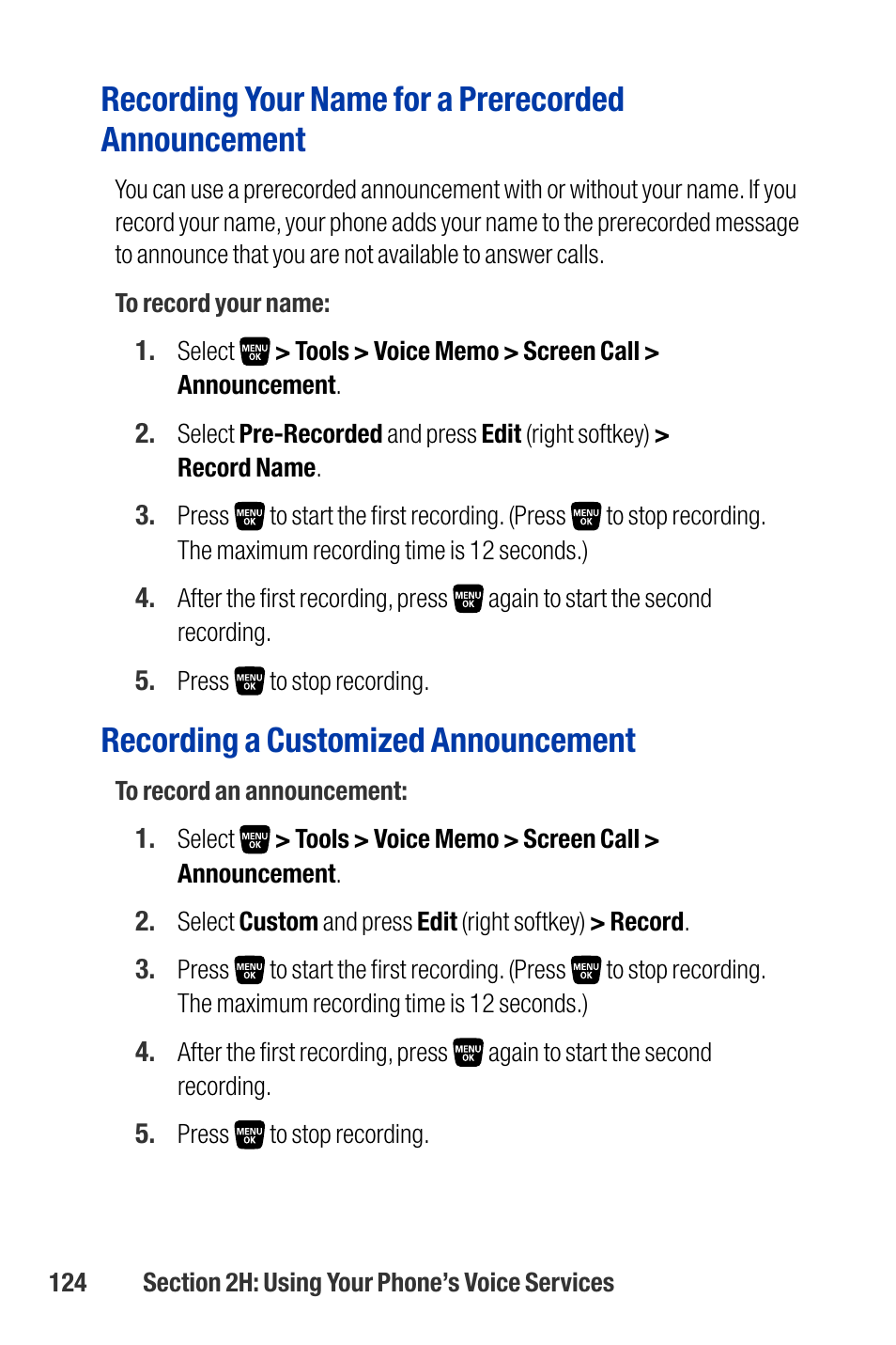 Recording your name for a prerecorded announcement, Recording a customized announcement | Qwest SCP-3200 User Manual | Page 140 / 241