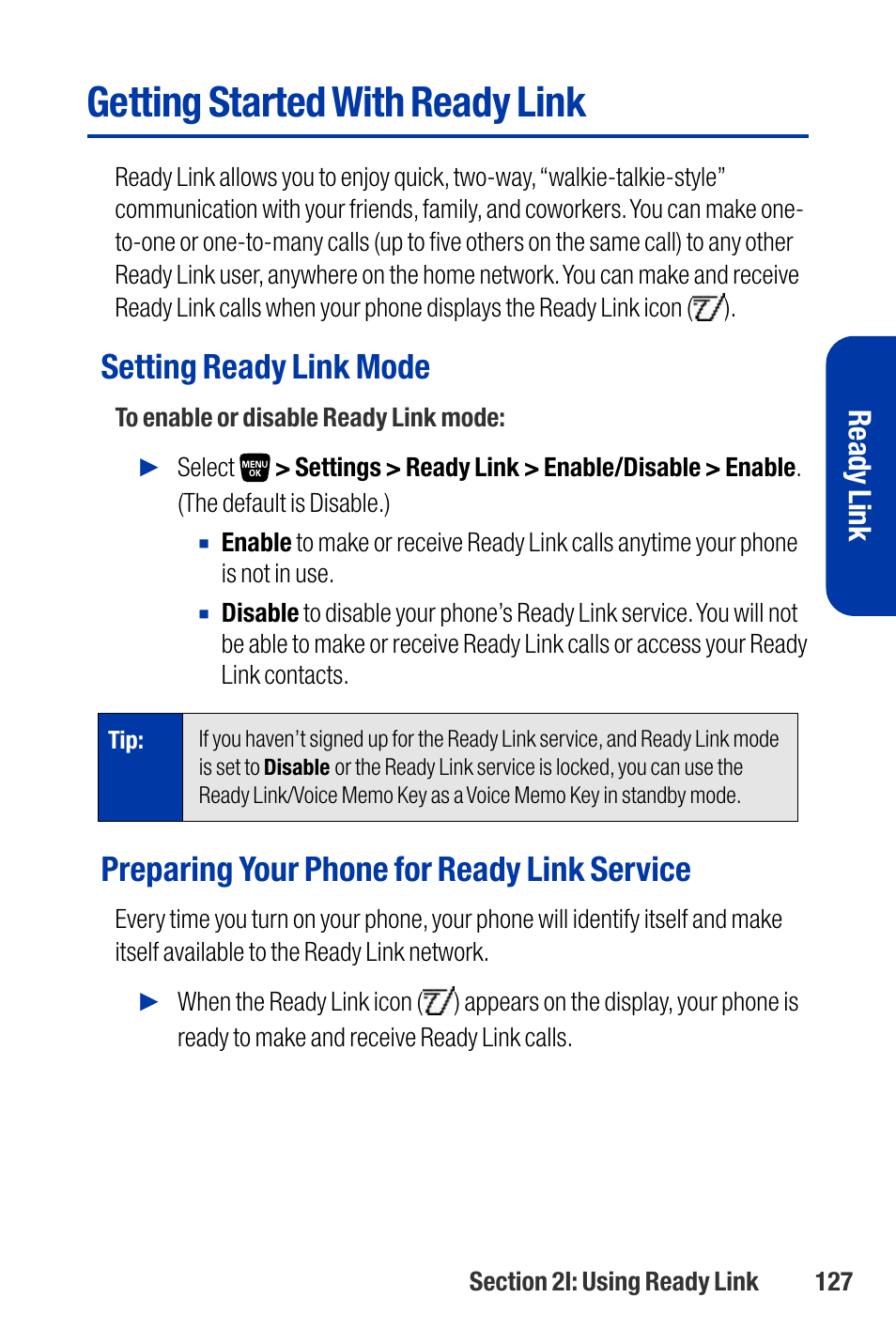 Getting started with ready link, Setting ready link mode, Preparing your phone for ready link service | Ready link | Qwest SCP-3200 User Manual | Page 143 / 241