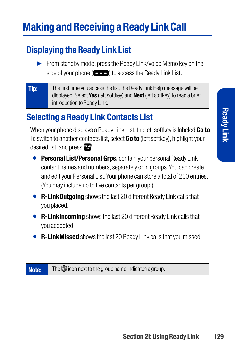 Making and receiving a ready link call, Displaying the ready link list, Selecting a ready link contacts list | Ready link | Qwest SCP-3200 User Manual | Page 145 / 241