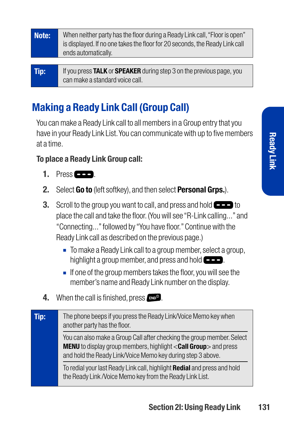 Making a ready link call (group call) | Qwest SCP-3200 User Manual | Page 147 / 241