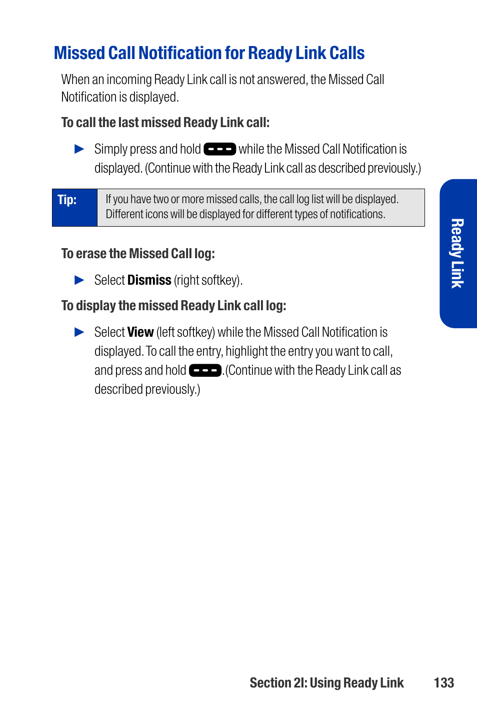 Missed call notification for ready link calls, Ready link | Qwest SCP-3200 User Manual | Page 149 / 241