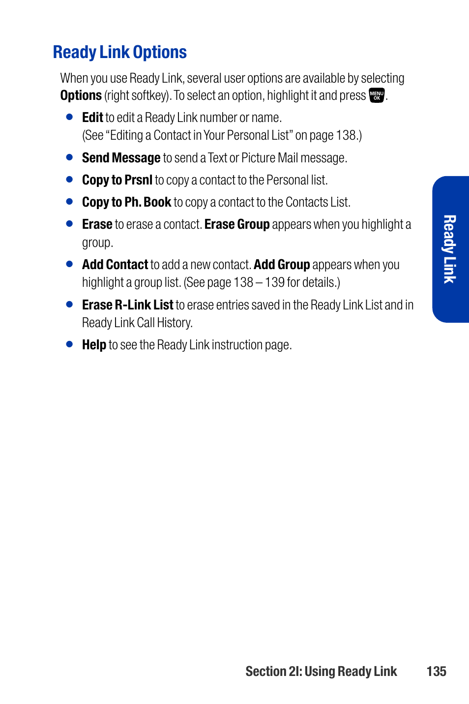 Ready link options, Ready link | Qwest SCP-3200 User Manual | Page 151 / 241