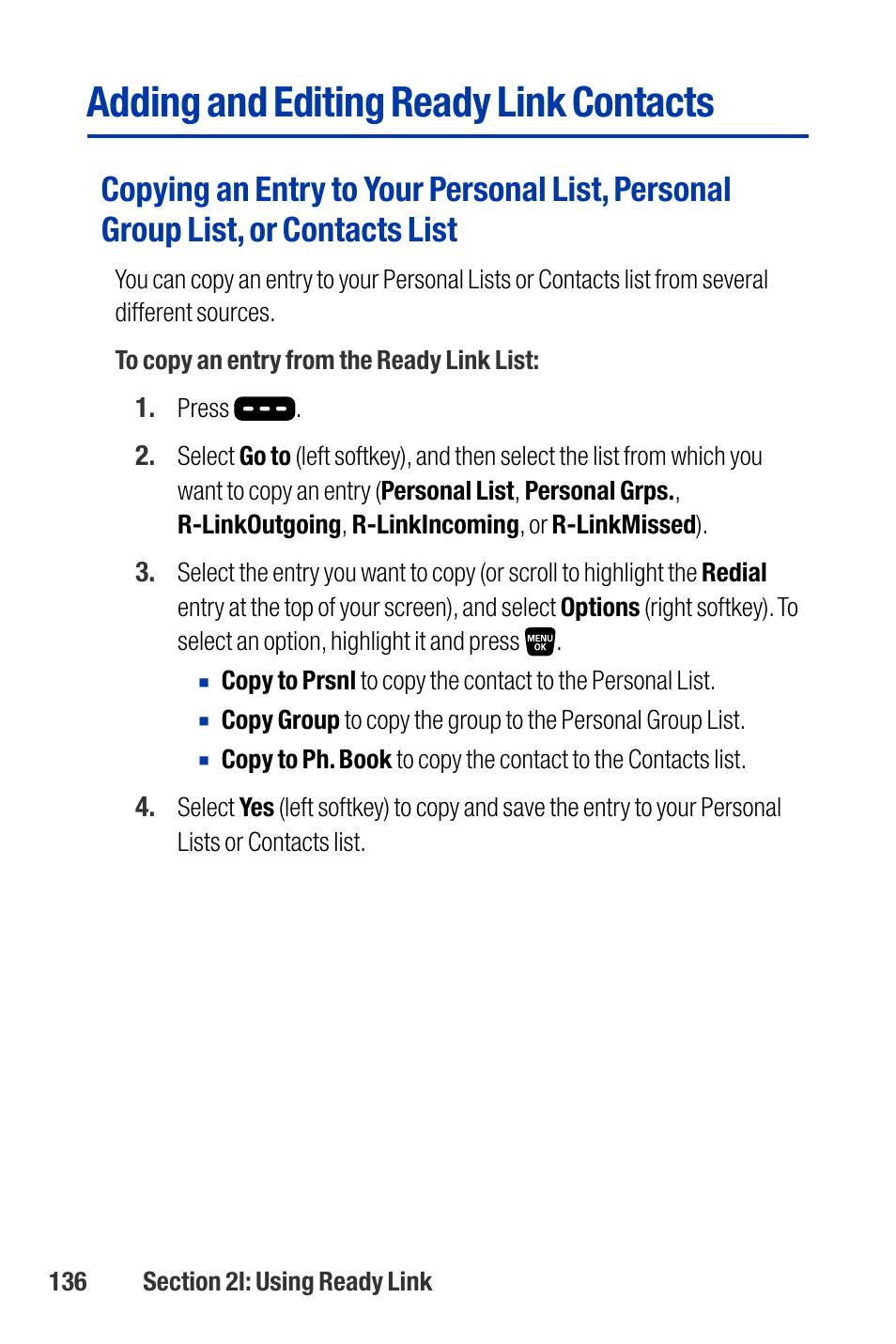 Adding and editing ready link contacts | Qwest SCP-3200 User Manual | Page 152 / 241