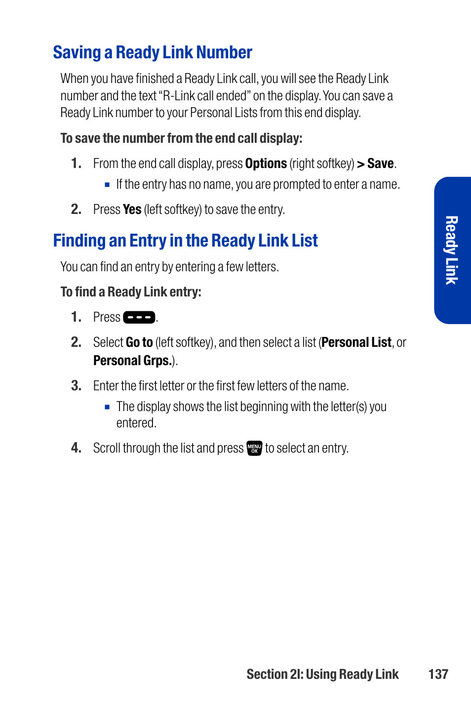 Saving a ready link number, Finding an entry in the ready link list, Ready link | Qwest SCP-3200 User Manual | Page 153 / 241