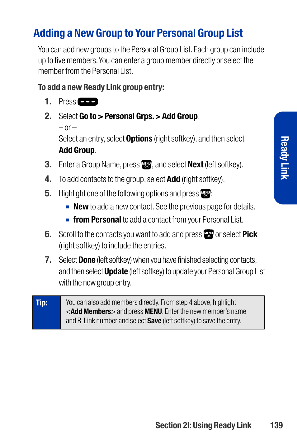 Adding a new group to your personal group list, Ready link | Qwest SCP-3200 User Manual | Page 155 / 241