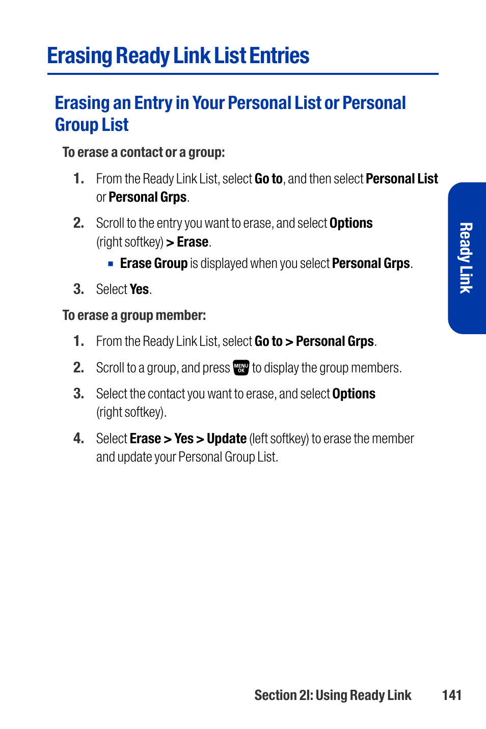 Erasing ready link list entries, Ready link | Qwest SCP-3200 User Manual | Page 157 / 241