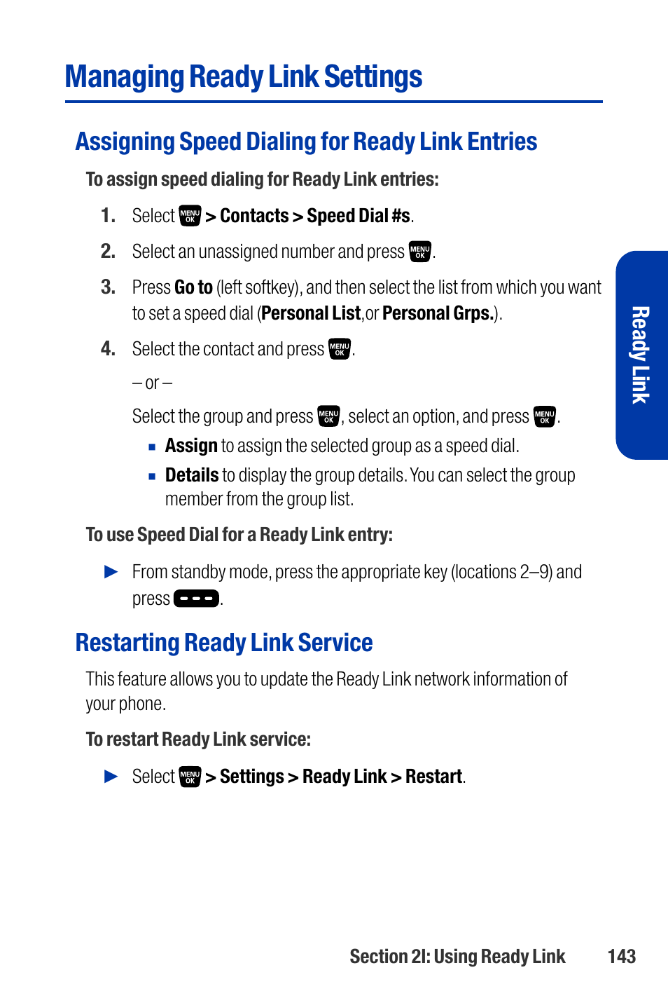 Managing ready link settings, Assigning speed dialing for ready link entries, Restarting ready link service | Ready link | Qwest SCP-3200 User Manual | Page 159 / 241
