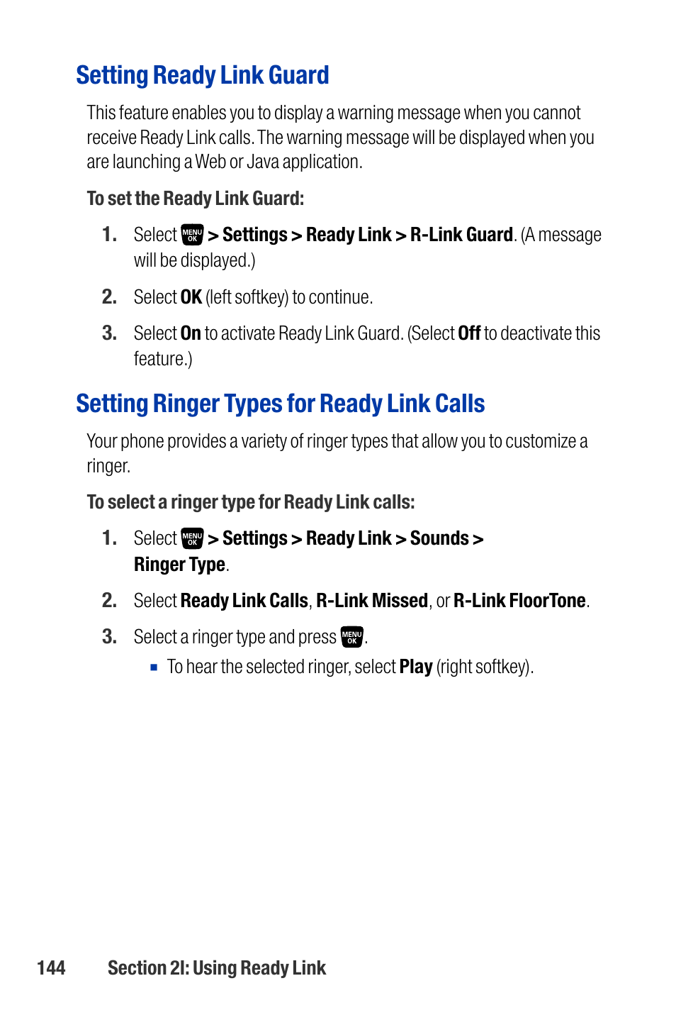 Setting ready link guard, Setting ringer types for ready link calls | Qwest SCP-3200 User Manual | Page 160 / 241