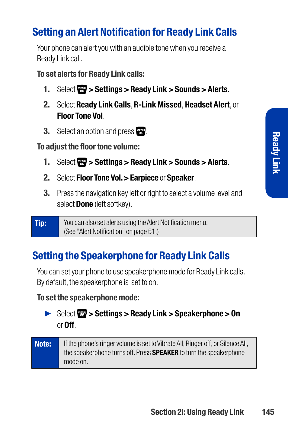 Setting an alert notification for ready link calls, Setting the speakerphone for ready link calls, Ready link | Qwest SCP-3200 User Manual | Page 161 / 241