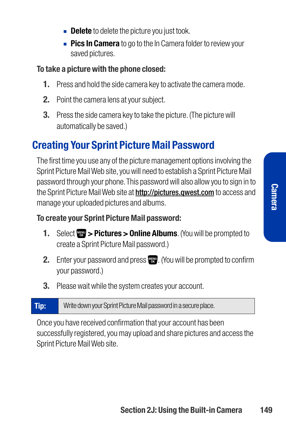 Creating your sprint picture mail password | Qwest SCP-3200 User Manual | Page 165 / 241