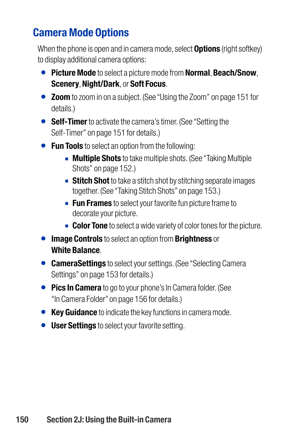 Camera mode options, Fun tools to select an option from the following, User settings to select your favorite setting | Qwest SCP-3200 User Manual | Page 166 / 241