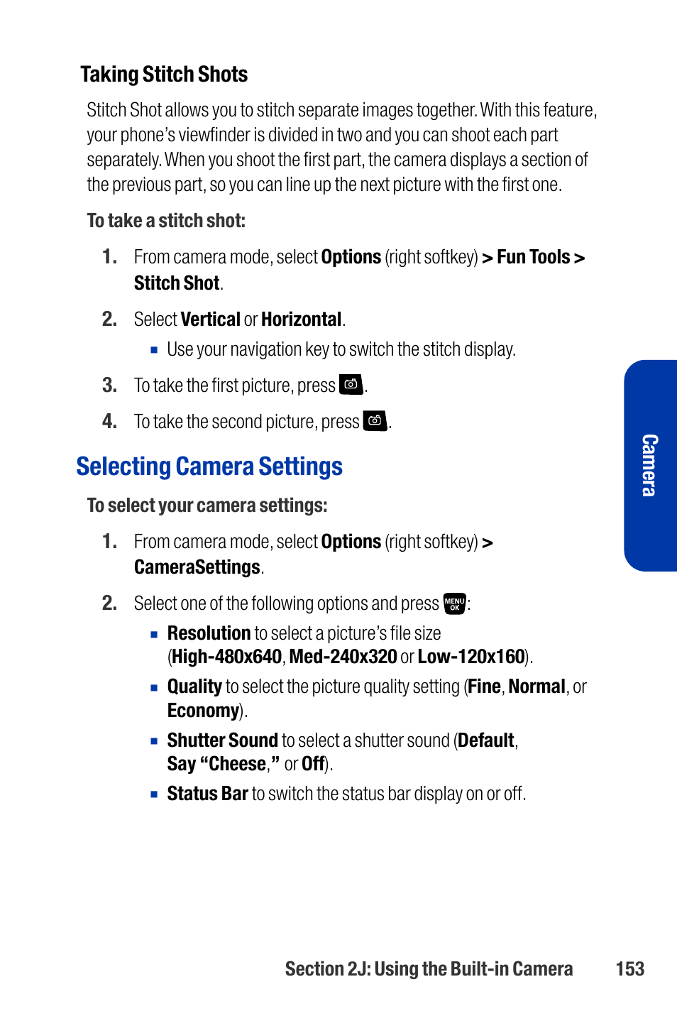 Selecting camera settings, Taking stitch shots | Qwest SCP-3200 User Manual | Page 169 / 241