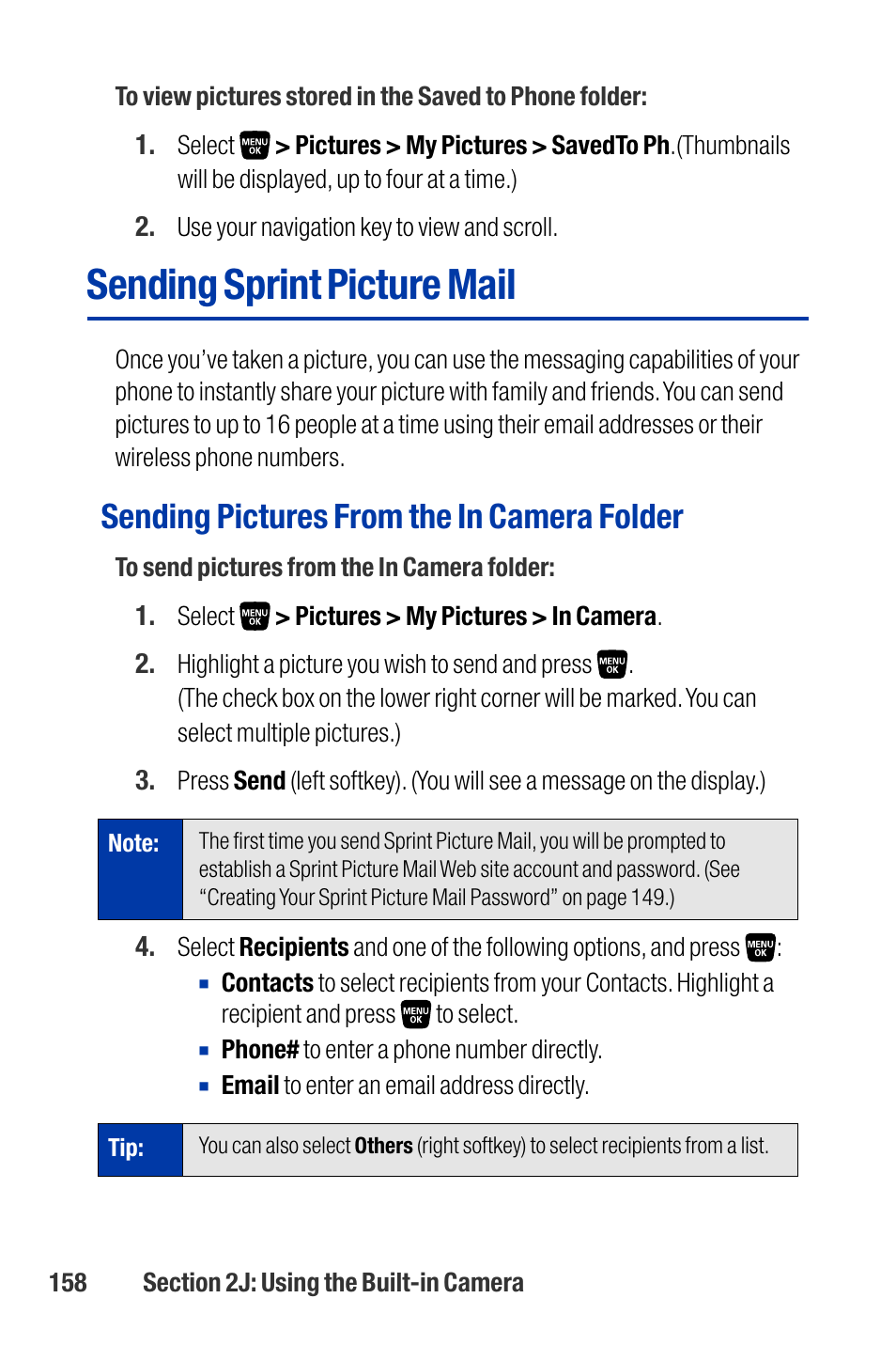 Sending sprint picture mail, Sending pictures from the in camera folder | Qwest SCP-3200 User Manual | Page 174 / 241