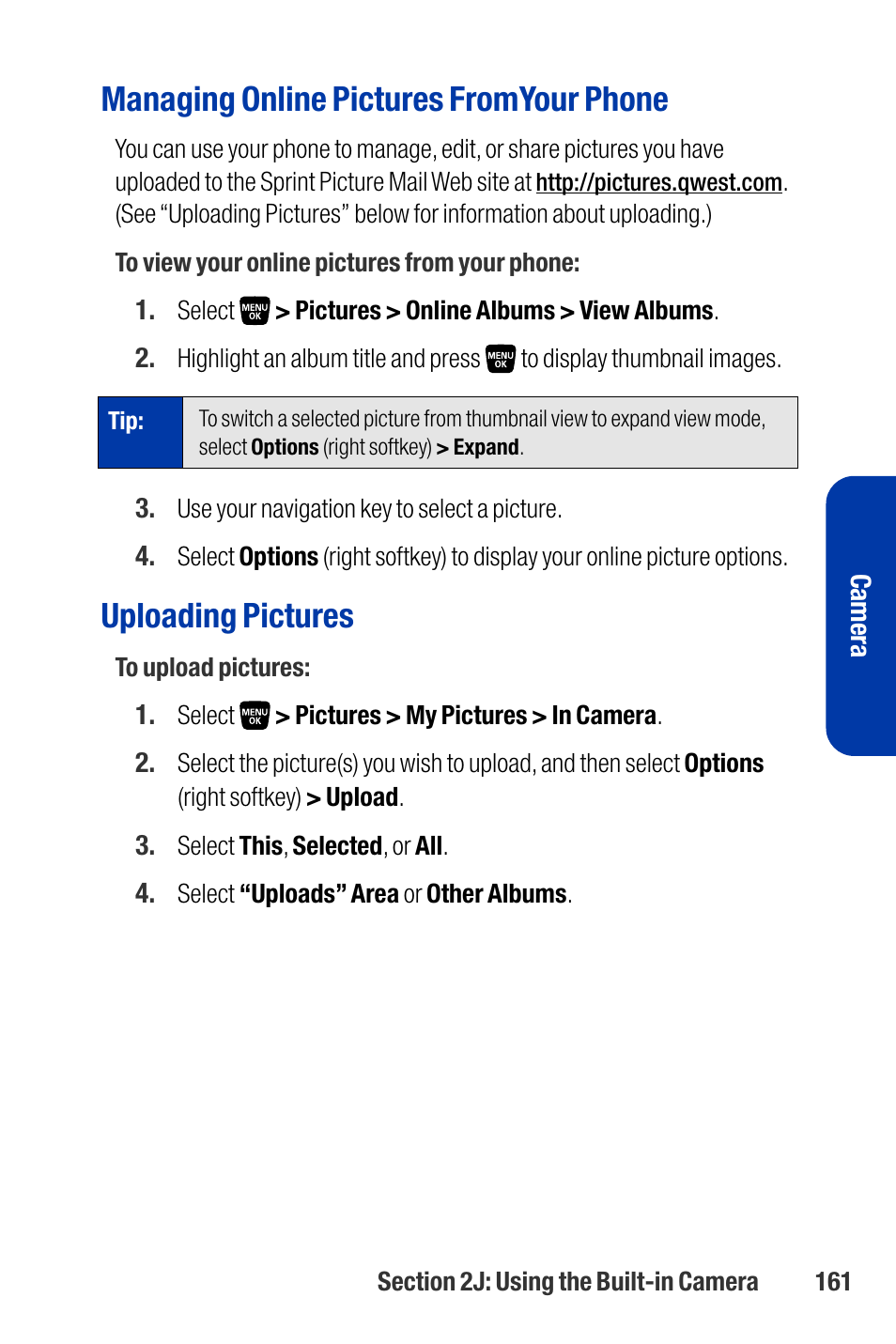 Managing online pictures fromyour phone, Uploading pictures | Qwest SCP-3200 User Manual | Page 177 / 241