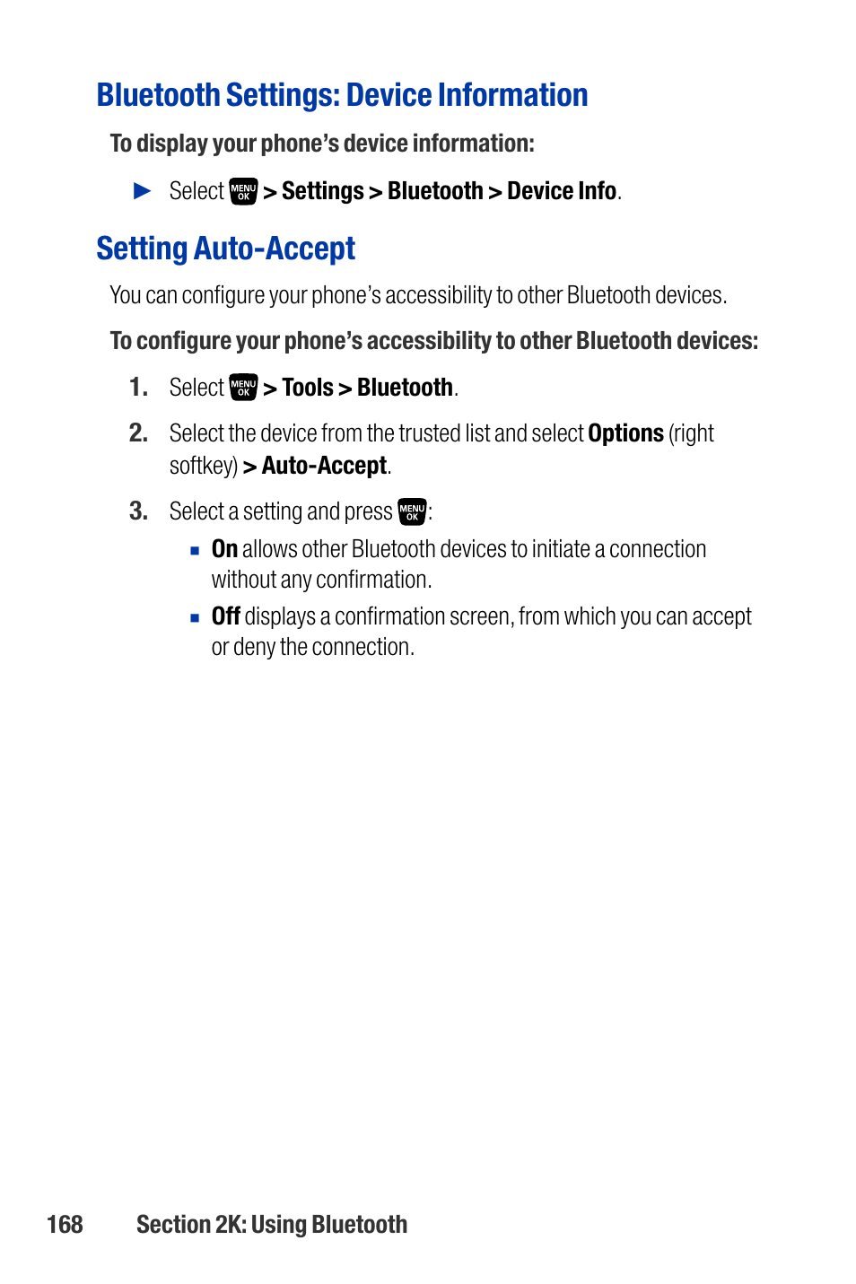 Bluetooth settings: device information, Setting auto-accept | Qwest SCP-3200 User Manual | Page 184 / 241