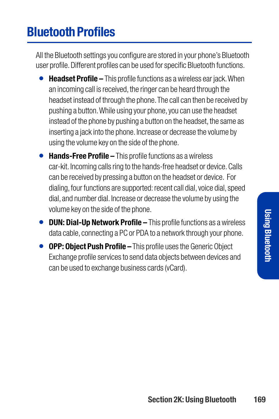 Bluetooth profiles, Using bluetooth | Qwest SCP-3200 User Manual | Page 185 / 241