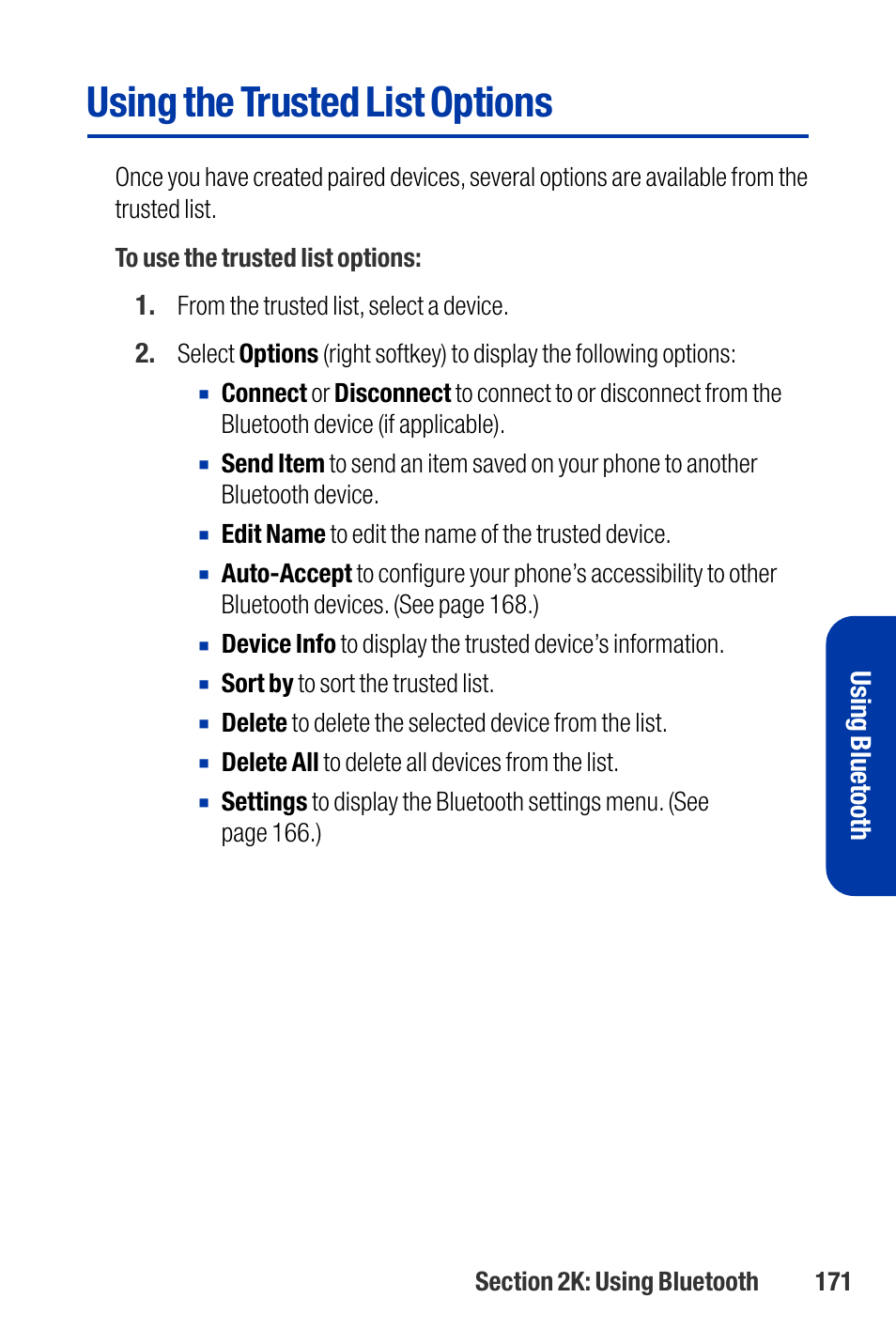 Using the trusted list options, Using bluetooth | Qwest SCP-3200 User Manual | Page 187 / 241