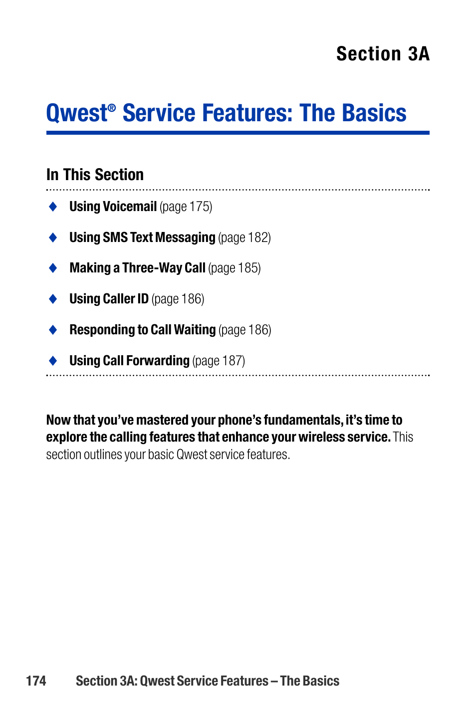 Qwest service features: the basics, Qwest, Service features: the basics | Qwest SCP-3200 User Manual | Page 190 / 241