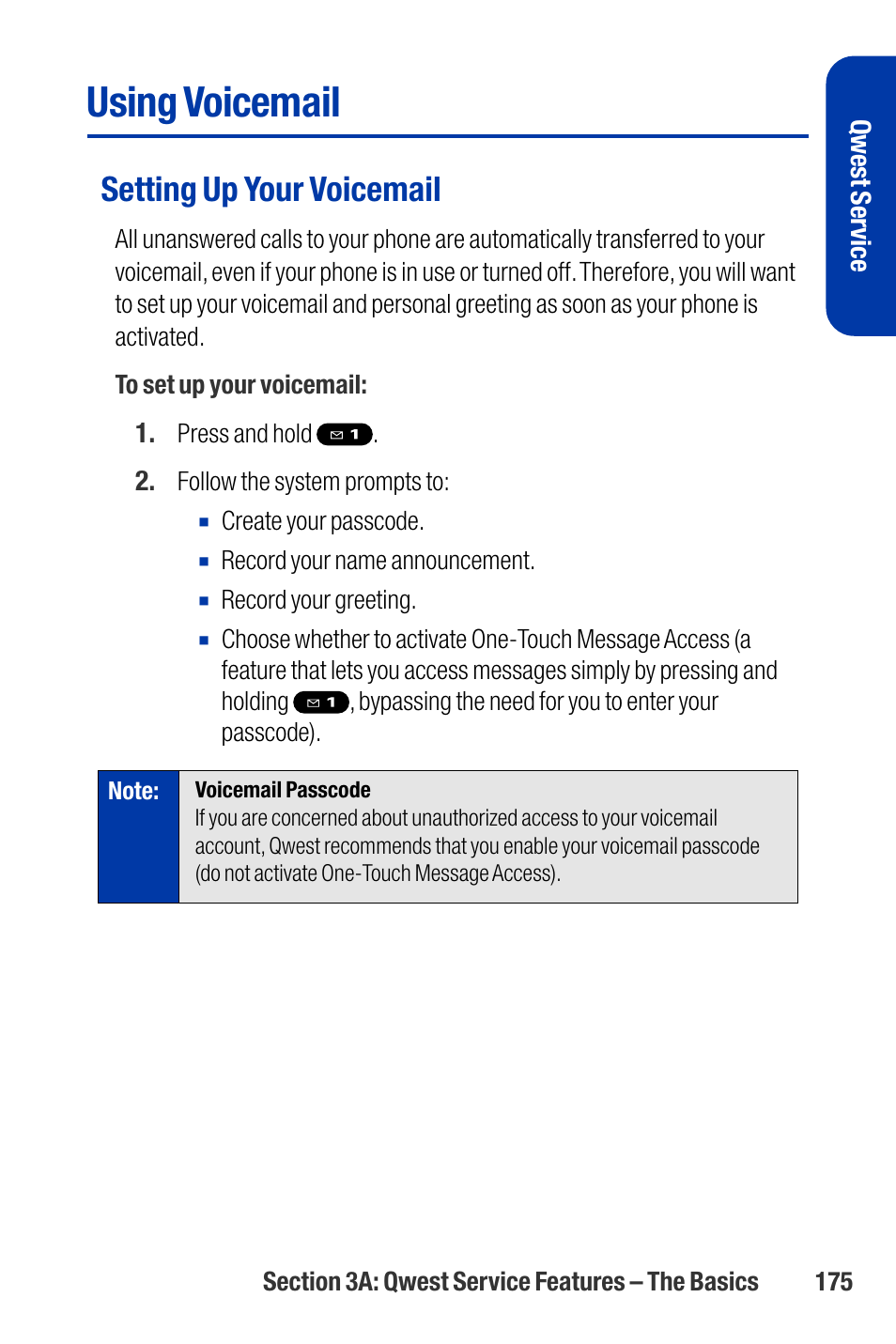 Using voicemail, Setting up your voicemail | Qwest SCP-3200 User Manual | Page 191 / 241