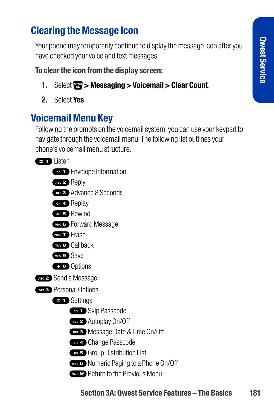 Clearing the message icon, Voicemail menu key | Qwest SCP-3200 User Manual | Page 197 / 241