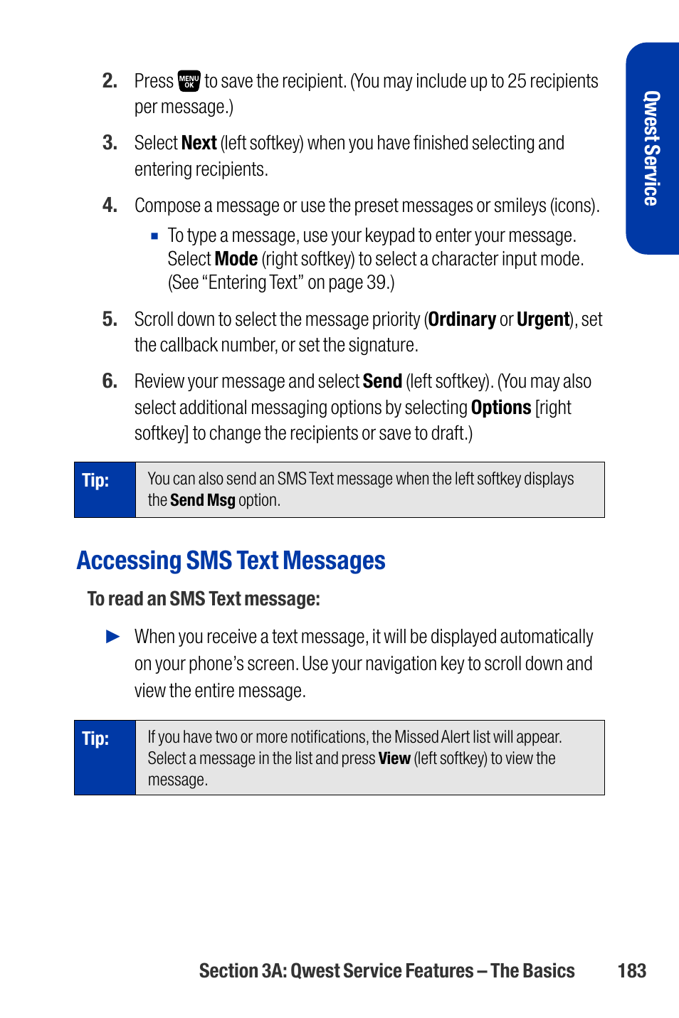 Accessing sms text messages | Qwest SCP-3200 User Manual | Page 199 / 241