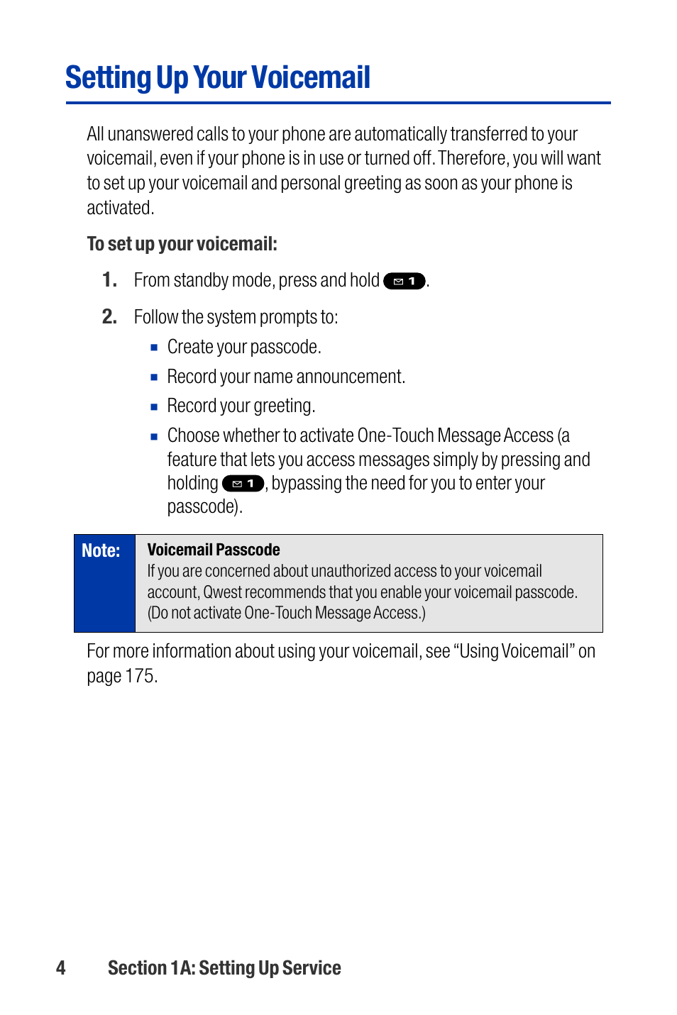 Setting up your voicemail | Qwest SCP-3200 User Manual | Page 20 / 241