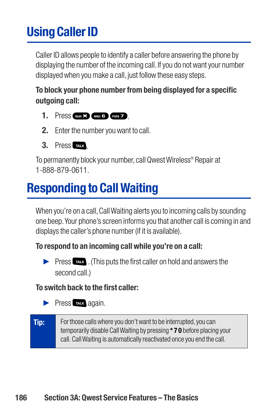Using caller id, Responding to call waiting | Qwest SCP-3200 User Manual | Page 202 / 241