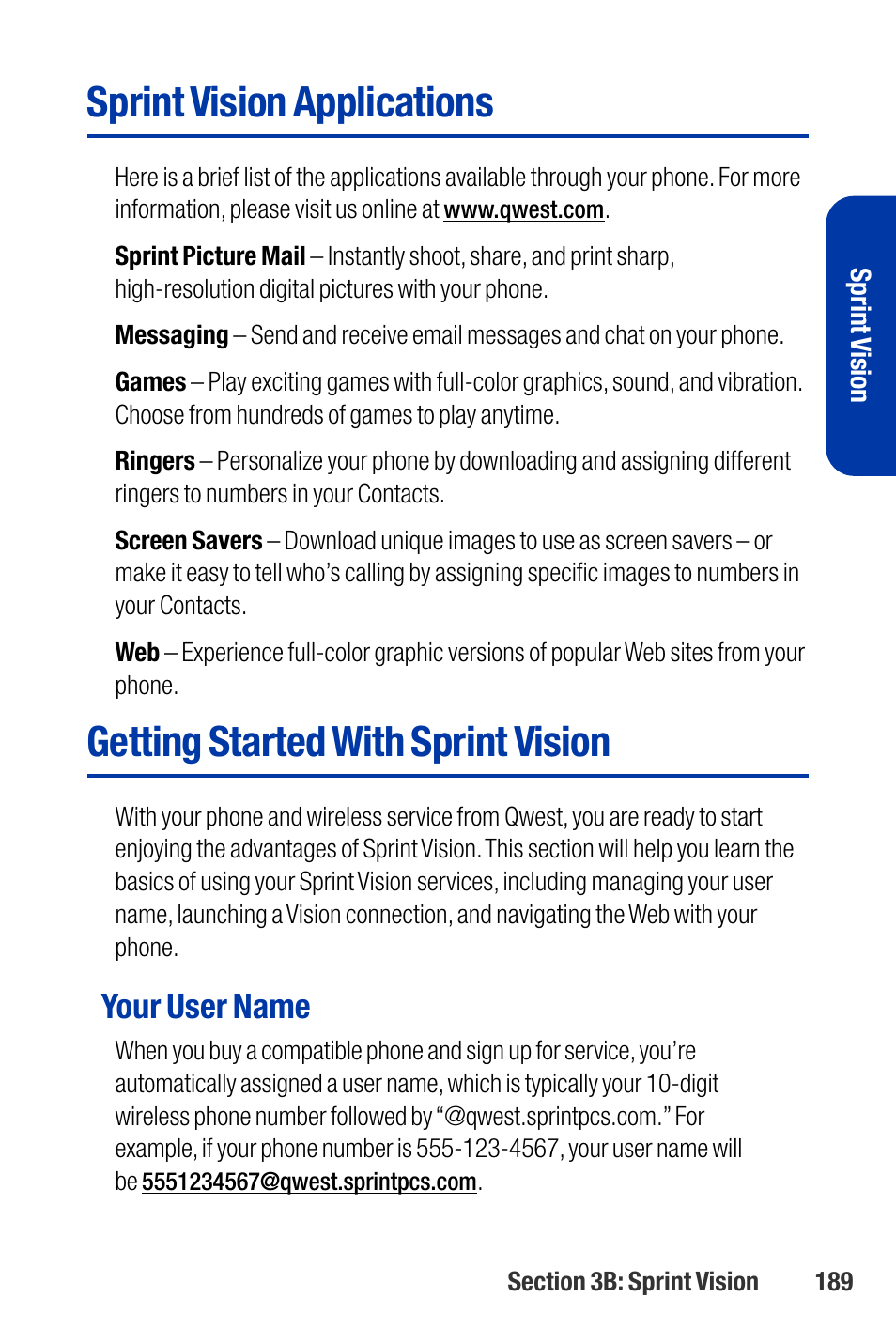 Sprint vision applications, Getting started with sprint vision, Your user name | Qwest SCP-3200 User Manual | Page 205 / 241