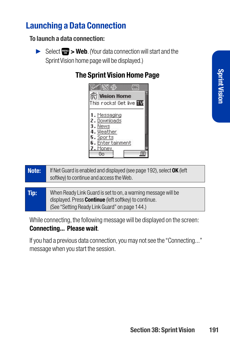 Launching a data connection, The sprint vision home page | Qwest SCP-3200 User Manual | Page 207 / 241