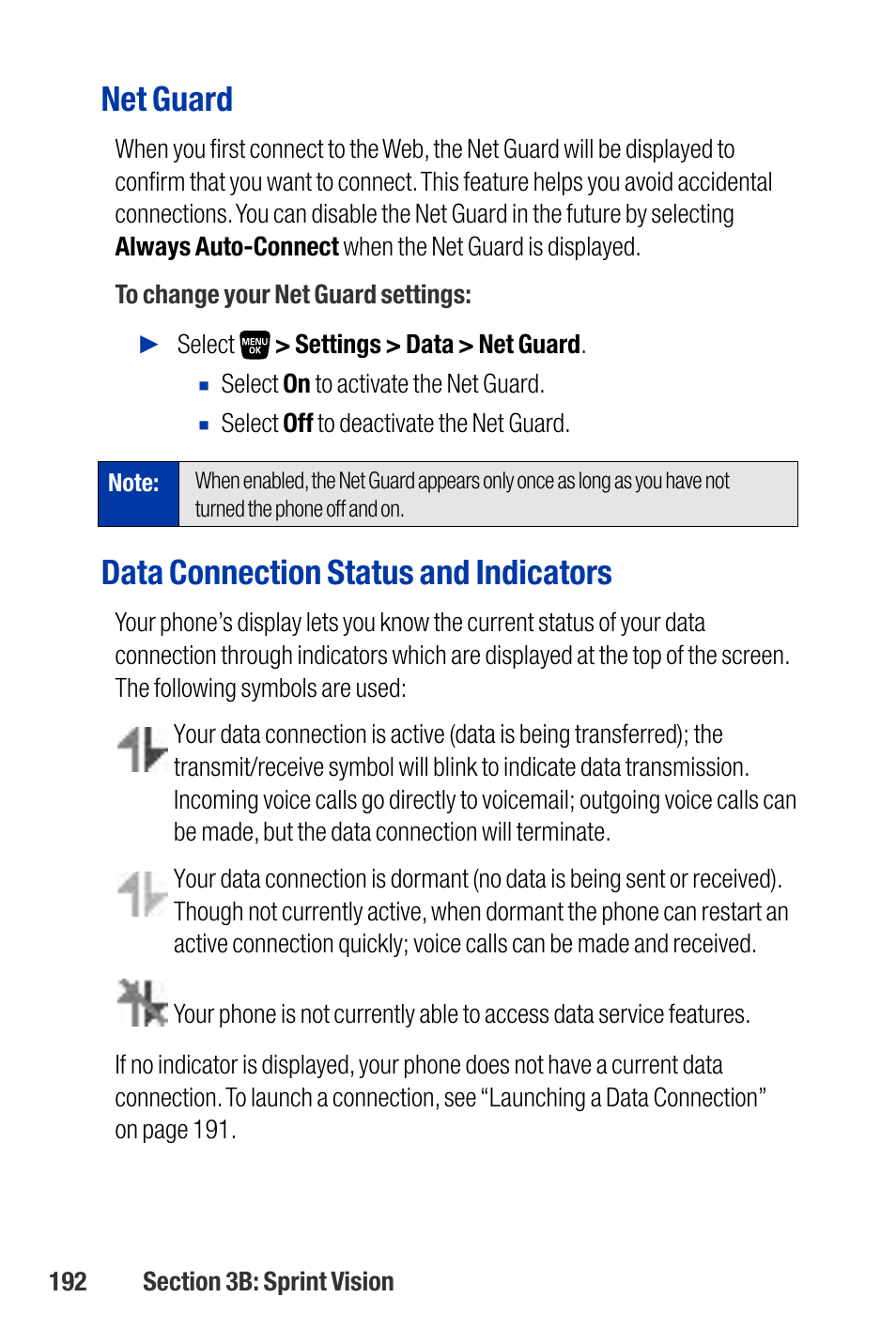 Net guard, Data connection status and indicators | Qwest SCP-3200 User Manual | Page 208 / 241